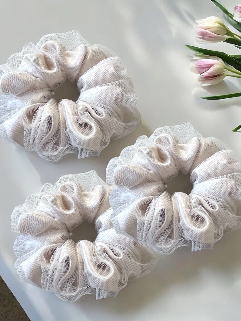 Delicate White Tulle & Satin Scrunchie - Women Accessories